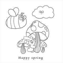 doodle art cute bunny , little bee and smiley cloud for coloring clipart