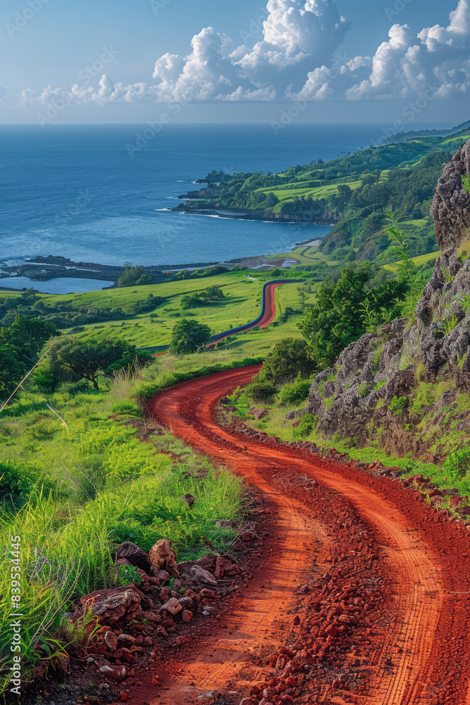 Poster a racing route through a coastal area, with the track edges marked by giraffe spot patterns,