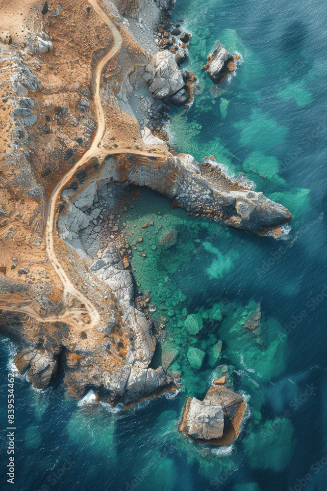Poster a racing route through a coastal area, with the track edges marked by giraffe spot patterns,