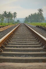 Obraz premium Railway tracks in rice fields. Beautiful views of rural Indonesia