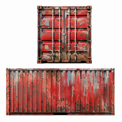 Front and side view of a red shipping container with signs of wear corrosion and paint peeling off  2D Game Art isolated on white background