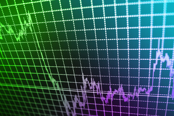 Stock exchange graph Data on live computer screen Price chart bars Financial charts on the table with laptop Price chart bars Green, blue color Stock market graph with screen Fx market
