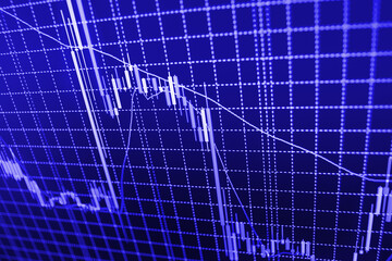 Analysing stock market data on a monitor Market or forex trading graph and cand Using digital tablet for stock market analysis Selective focus creative effect Stock market display board