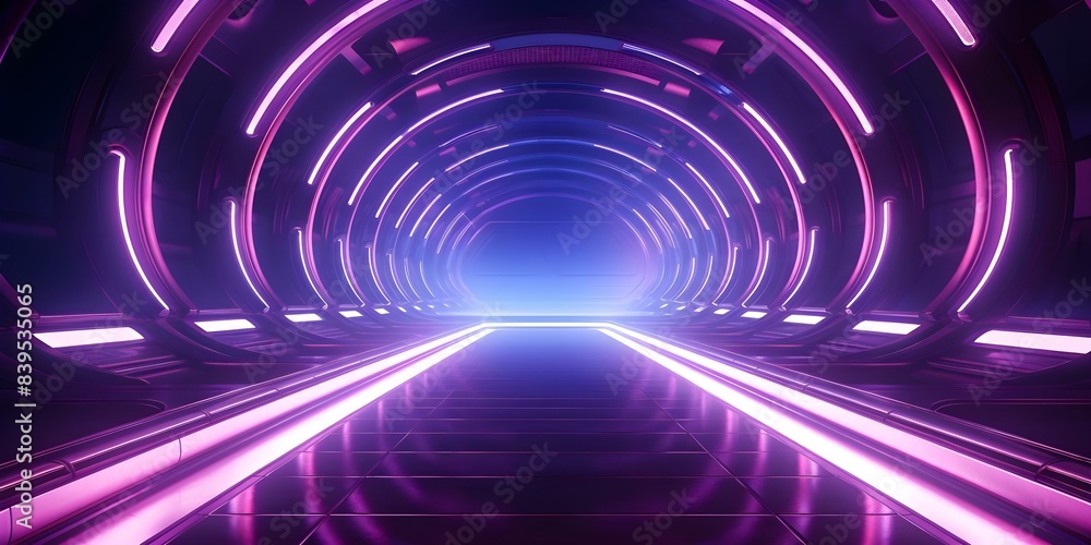 Poster designing a retrofuturistic neon tunnel level with a warp tube in a sci-fi game. concept game level 