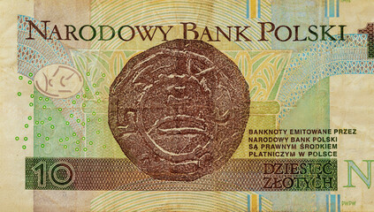Money in form of Poland ten zloty issued by Narodowy Bank Polski at national currency rear view