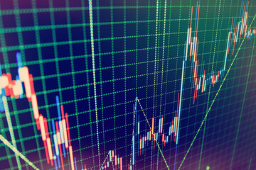 Business success and growth concept Stock market trading graph and candlestick chart for financial investment concept Digital stock market listing on a tablet screen Price chart bars