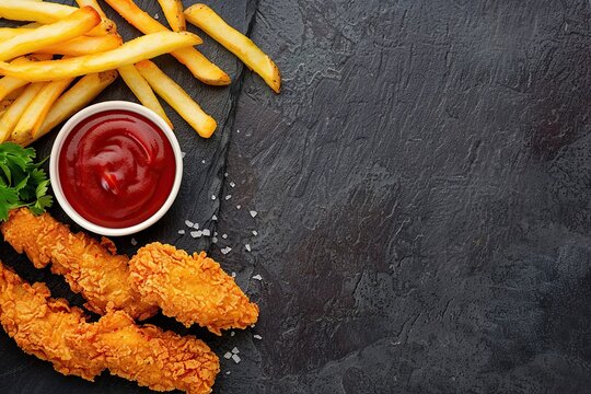 BBQ fried chicken nuggets with tomato, sour sauce. Top view of tasty hot nuggets served with ketchup on black background. Golden deep-fried battered crispy nuggets with french fries. Potato chips pile
