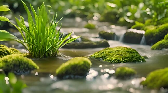Beautiful spring detailed close up stream of fresh water with young green plants. Horizontal banner, springtime concept. Abstract outdoor wild nature background