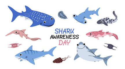 Vector color set of illustrations with different types of sharks on a white background. Flat illustration of sharks. Underwater world, ocean, shark awareness day