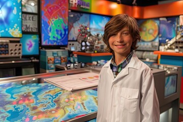 Kid as a meteorologist with weather maps and instruments in a colorful weather studio