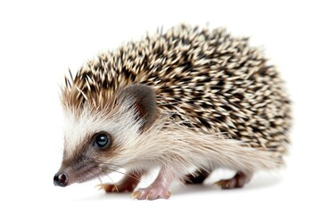 Tiny baby hedgehog with a curious look isolated on white background