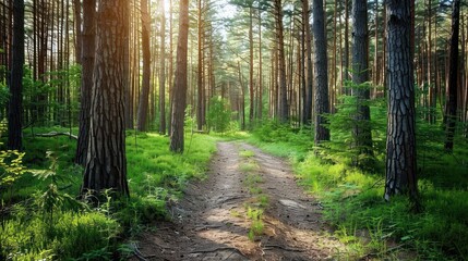 View Green pine forest with dirt road with lush grass. AI generated image