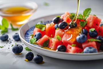 Pouring honey in watermelon salad with blueberries and mint