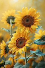 Obraz premium A pale yellow background with soft sunflowers along the borders, their light petals merging with the background,