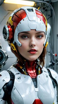 Eine junge Cyborg-Frau mit wei&szlig;em Anzug und gelb-roten Elementen