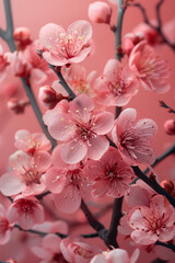 Obraz premium A soft pastel pink background with delicate cherry blossoms framing the edges, blending seamlessly with the background,