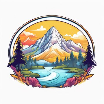 T-Shirt Design, Bergspitze in der Mitte, eingerahmt von Himmel und B&auml;umen, wei&szlig;er Hintergrund
