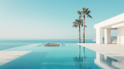 Fototapeta premium Modern infinity pool with ocean view and palm trees