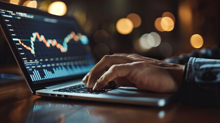 Stock Market Analysis - A businessman analyzing the stock market on a laptop, with financial data displayed on the screen.