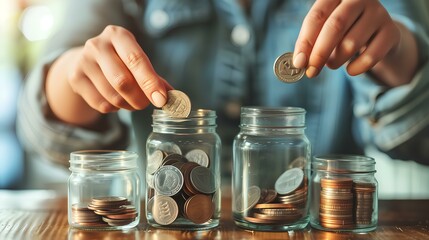 saving money with hand putting coins in jug glass concept financial
