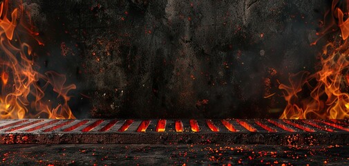 Hot empty portable barbecue BBQ grill with flaming fire and ember charcoal on black background