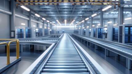 Fototapeta premium Smart factory with empty conveyor belt, industrial automation, efficient production line, minimalistic design, photorealistic, dynamic, blend mode, high-tech environment