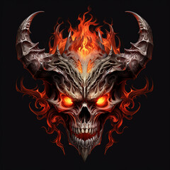 The skull of a horned devil on fire