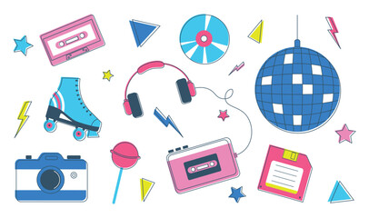 Set of retro elements from 90s. Vintage audio player, roller skates, camera and disco ball. Nostalgia for 1990s. Bright color collection. Trendy flat style on white isolated background.