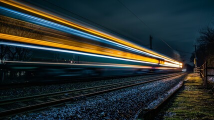 Obraz premium Vivid UHD image captures a train in motion at night with stunning light trails in light golden rod yellow, spring green, and dark grey tones.
