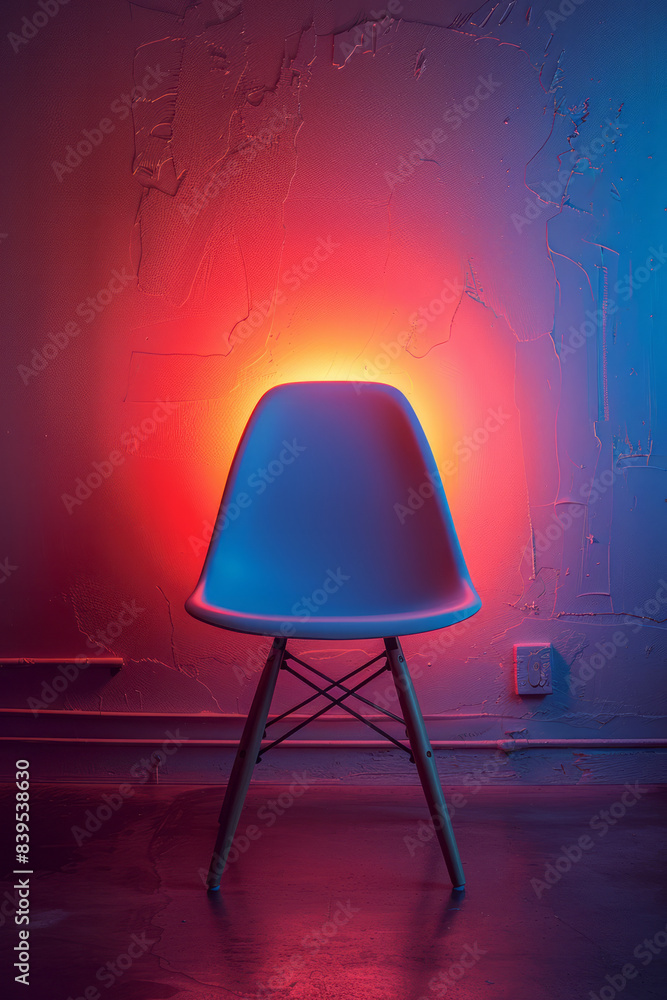 Poster a studio setup with a plain wall and a single, strategically placed colored gel light creating a bol