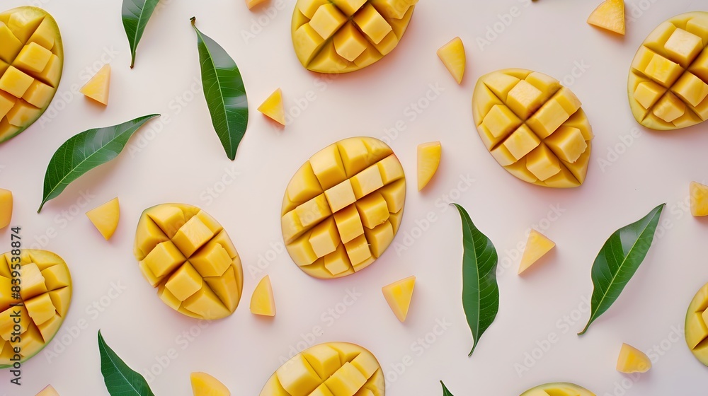 Poster Tropical fruit grid with mangoes and leaves in a playful pattern. Bright colors and repeated elements create an artistic style. Ideal for food and summer themes. AI