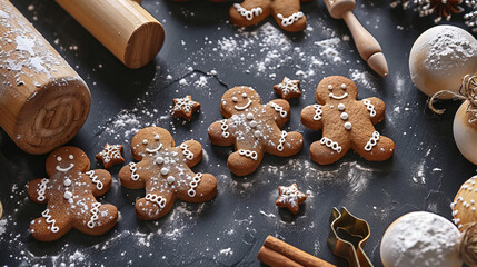 Gingerbread Man Baking -  Several beautifully decorated gingerbread men on a table with baking tools and ingredients around.