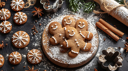 Gingerbread Man Preparation - Beautifully decorated gingerbread men on a table with baking tools and ingredients.