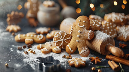 Gingerbread Man Creation - Gingerbread men being made on a table with baking tools and ingredients.