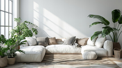Minimalist Living Room with Green Plants - A minimalist living room featuring a white sofa, green plants, and sunlight streaming through large windows. Clean and serene interior design.