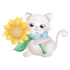 cat with sunflower cartoon 