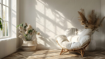 Sunlit Corner with Wicker Chair and Plants - A sunlit corner with a wicker chair, surrounded by plants and soft shadows. Peaceful and serene interior setting.
