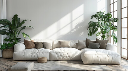 Modern Living Room with White Sofa - A modern living room featuring a white sofa, lush green plants, and sunlight streaming through large windows. Stylish and comfortable interior design.