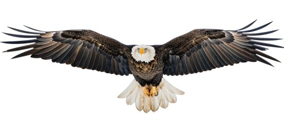 Fototapeta premium A majestic bald eagle captured in flight with wings fully spread, showcasing its powerful and graceful appearance against a white background.