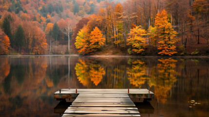 A calm lake encircled by trees in peak autumn colors, with their reflections on the water and a wooden dock invitingly extending out.