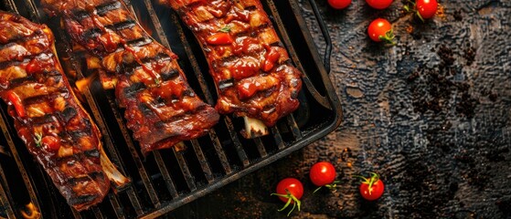 Grilled barbecue ribs with a savory glaze, perfectly cooked on a grill with fresh cherry tomatoes on a rustic background.