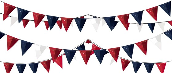 Obraz premium Red, white, and blue triangular pennant flags arranged in festive rows against a white background, perfect for patriotic celebrations and events.