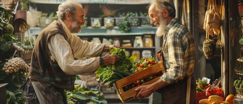 Description: An evocative scene capturing collaboration between an experienced farmer and committed