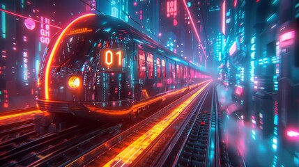 Fototapeta premium Sleek modern train races along tracks in a bright, neon lit city of the future