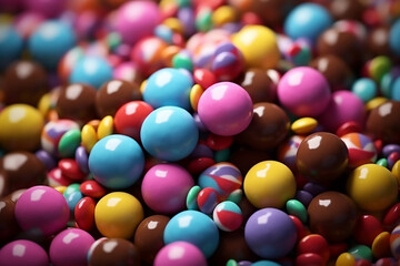 Background of chocolate candy with colored glaze 
