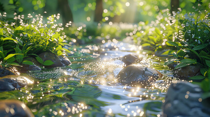Sparkling Forest Stream with Sun Rays - A sparkling stream in a forest with sun rays filtering through the trees, surrounded by blooming plants. Idyllic and refreshing nature view.
