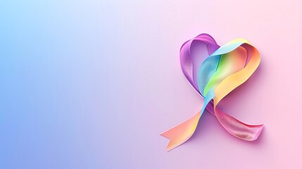 Fototapeta premium Heartshaped rainbow ribbon, blank space, minimalism, negative space, template, pride month LGBTQIA theme, pastel floral wallpaper