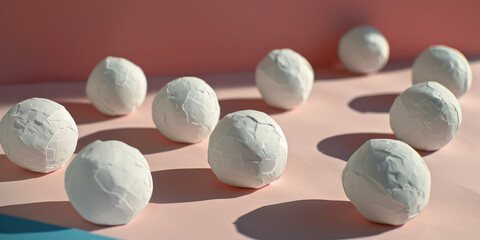 Abstract cute background with white textured paper balls on pastel background with copy space.