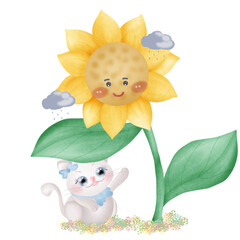 cat with sunflower cartoon 
