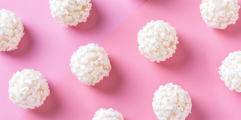 Abstract cute background with white textured paper balls on pastel background with copy space.